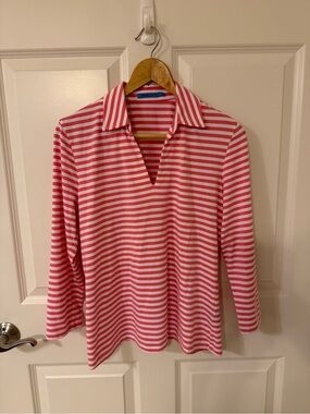 J. McLaughlin Women’s Medium Pink White Stripe Shirt 3/4 Sleeve Top Stretch EUC